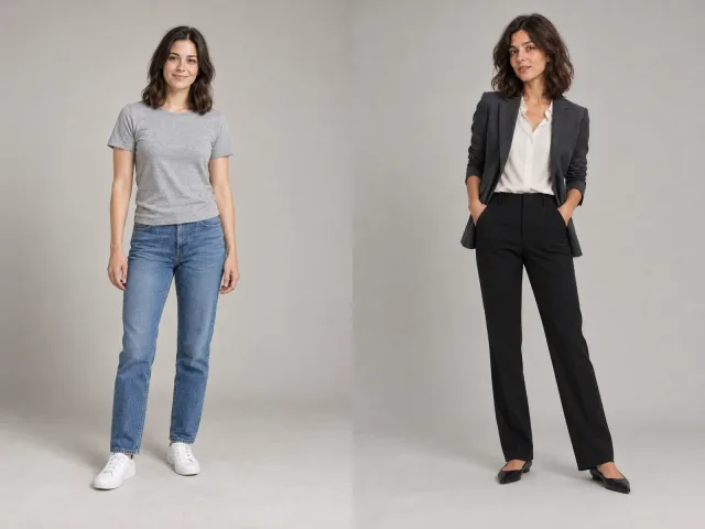 Una mujer con camiseta y vaqueros, y después con blazer y pantalón negros