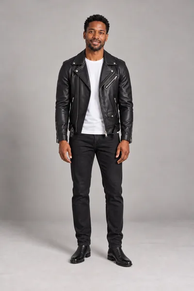 Homem de jaqueta de couro preta estilo motoqueiro, camiseta branca, calça jeans preta e botas pretas — prévia do trocador de roupa com IA