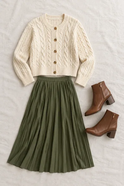 Flat lay de um cardigã de tricô trançado creme, uma saia midi plissada verde-oliva e botas de couro marrons de cano curto — prévia do trocador de roupa com IA