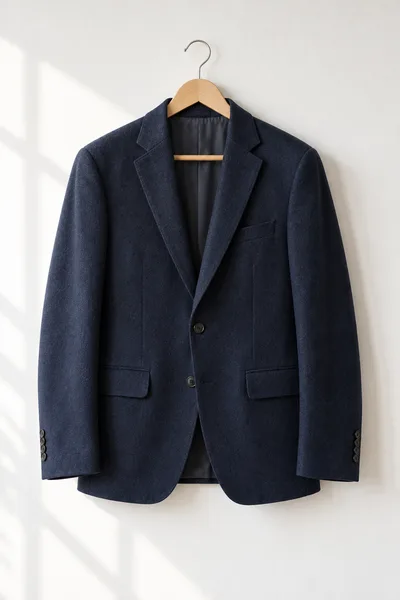 Um blazer de lã azul-marinho num cabide de madeira contra uma parede branca com luz de janela