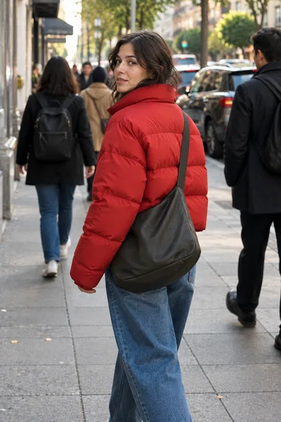 Foto de rua de uma mulher de jaqueta puffer vermelha, meio de costas, com uma bolsa transversal cobrindo a jaqueta