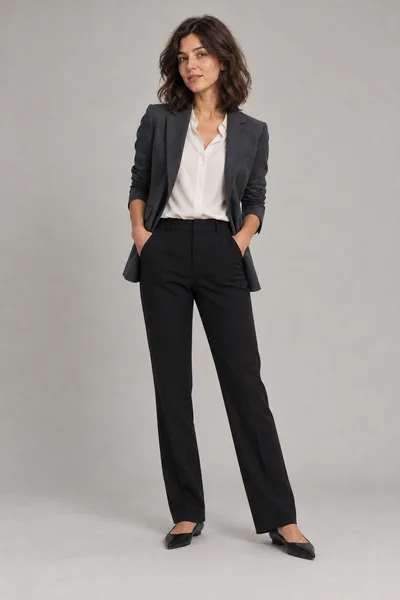 Mulher de blazer grafite, blusa de seda branca, calça reta preta e sapatilhas pretas de bico fino — prévia do trocador de roupa com IA