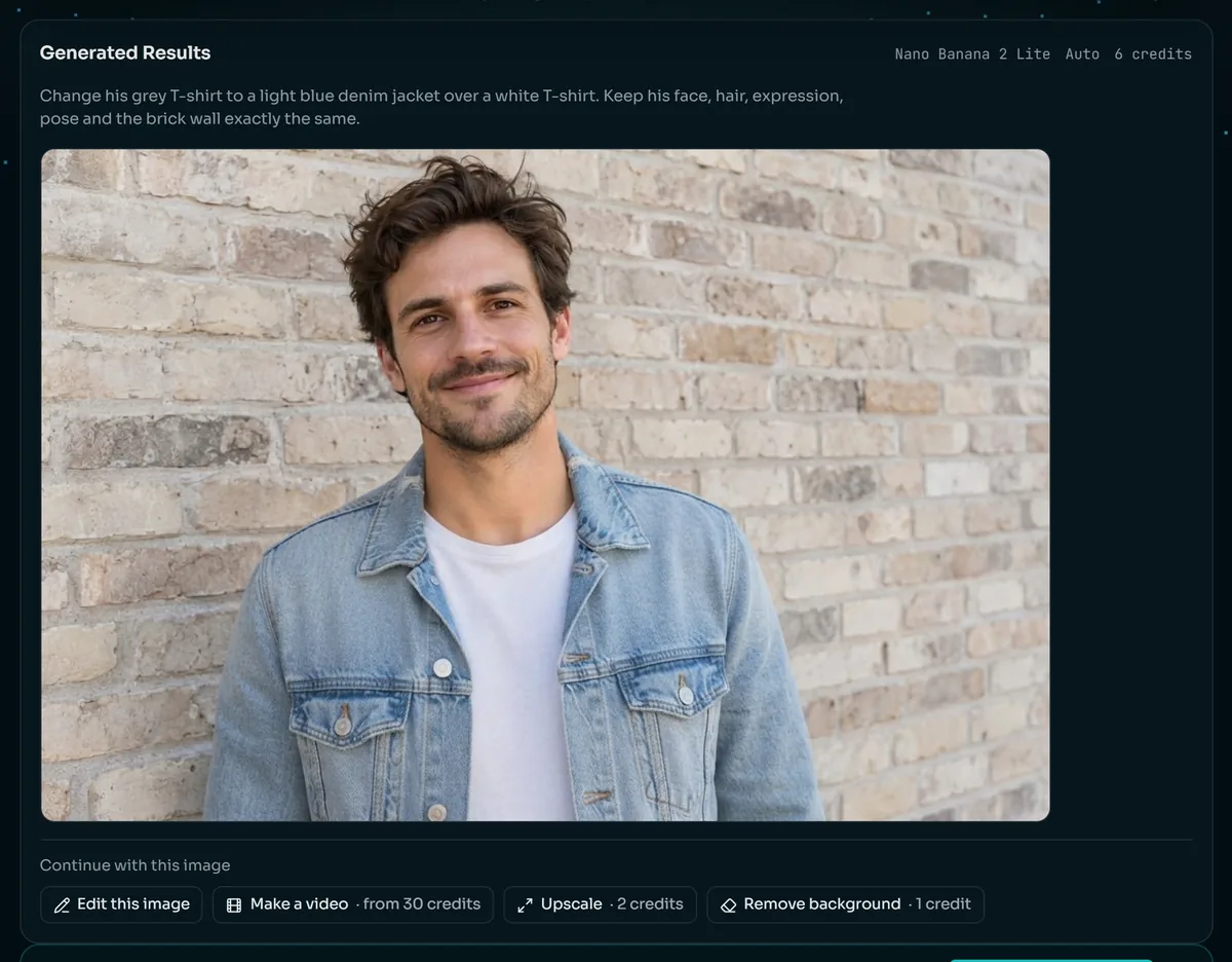 La photo retouchée dans l'éditeur d'images IA, avec le téléchargement et les étapes suivantes