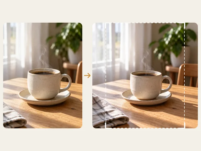 Una foto vertical de una taza de café y la misma foto expandida a formato cuadrado