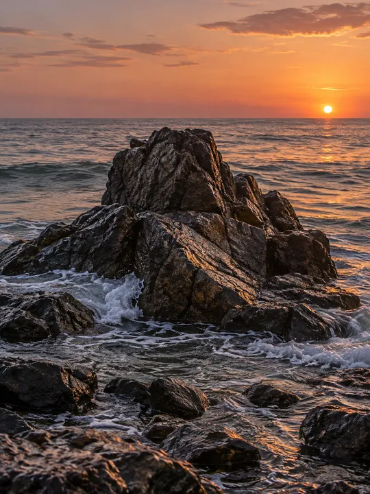 Une photo verticale d'un rocher sombre dans la mer au coucher du soleil, entouré de vagues — un exemple réalisé avec l'extenseur d'image IA