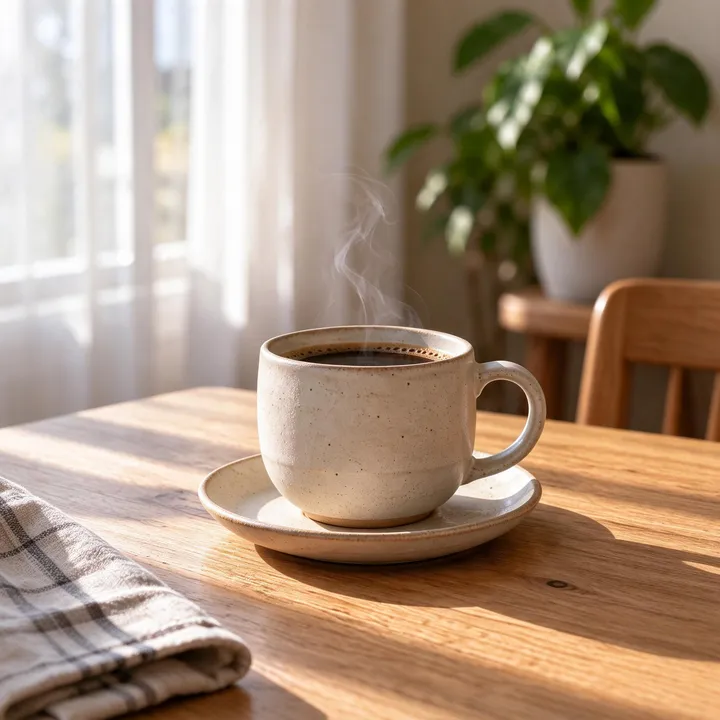 La même tasse étendue en carré, avec plus de table, de rideau et une chaise de chaque côté — un exemple réalisé avec l'extenseur d'image IA