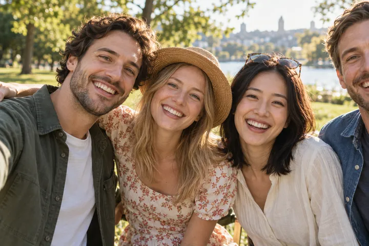 Quatre amis souriants en plein air, la personne de droite coupée par le bord de la photo — un exemple réalisé avec l'extenseur d'image IA