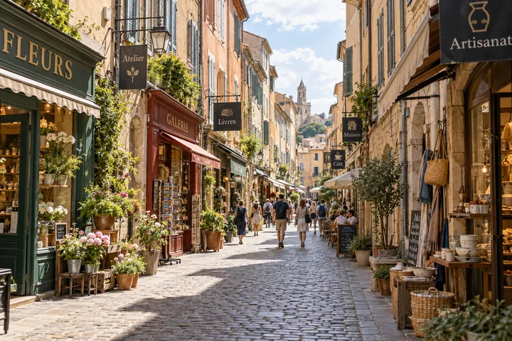 Une rue commerçante étroite dont les enseignes sont coupées par les bords gauche et droit de la photo — un exemple réalisé avec l'extenseur d'image IA
