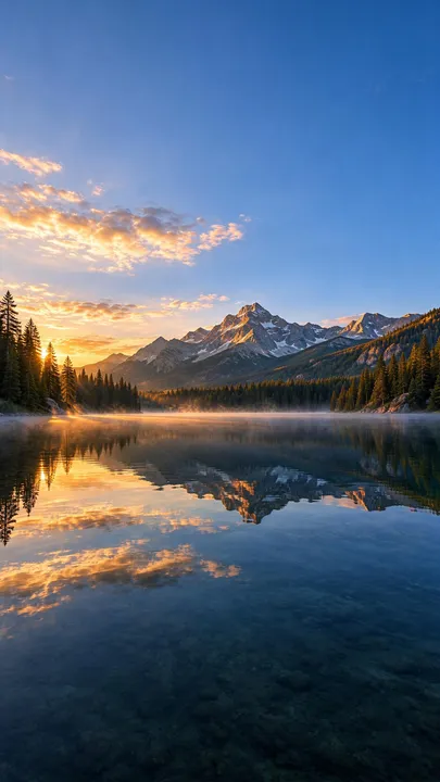 Le même lac de montagne étendu en image verticale 9:16, avec un grand ciel bleu au-dessus et plus d'eau en dessous — un exemple réalisé avec l'extenseur d'image IA