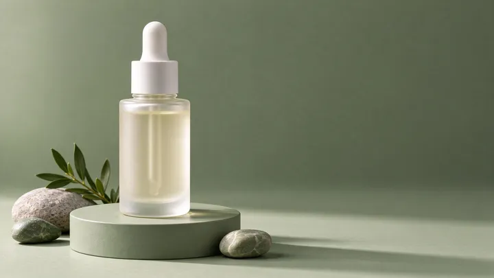 Le même flacon de sérum étendu en bannière 16:9, avec un fond uni vert sauge ajouté à droite pour le texte — un exemple réalisé avec l'extenseur d'image IA
