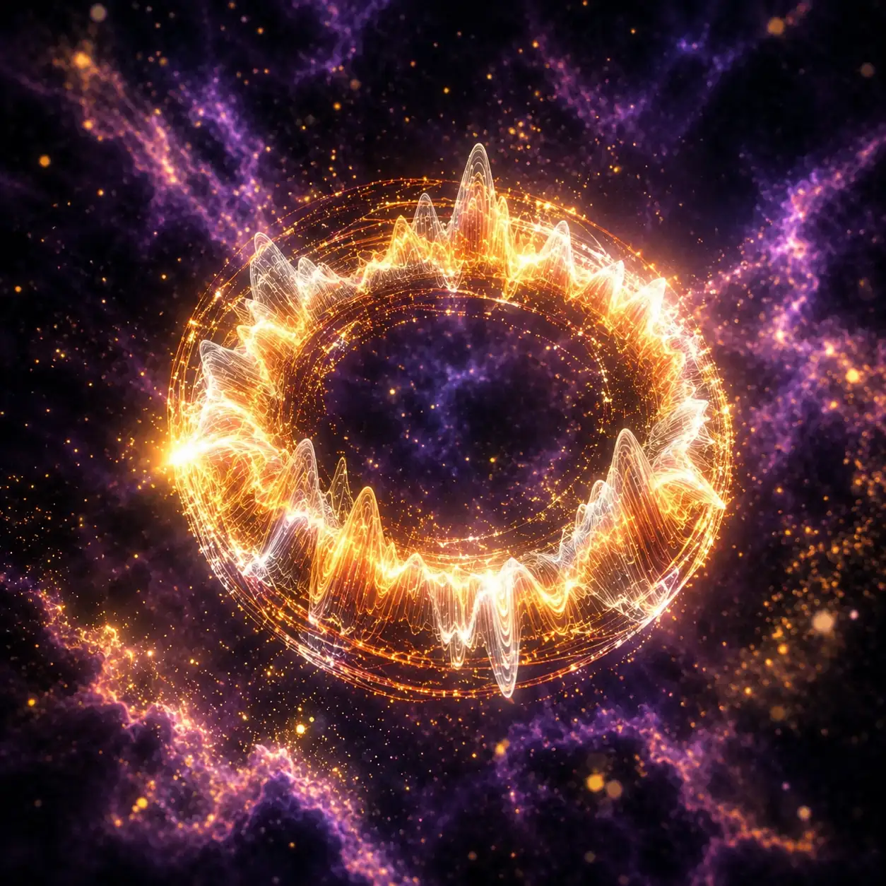 Suno V6 cover art for the Anyscene AI Music Generator — the flagship Suno model, a glowing golden waveform ring on a cosmic nebula