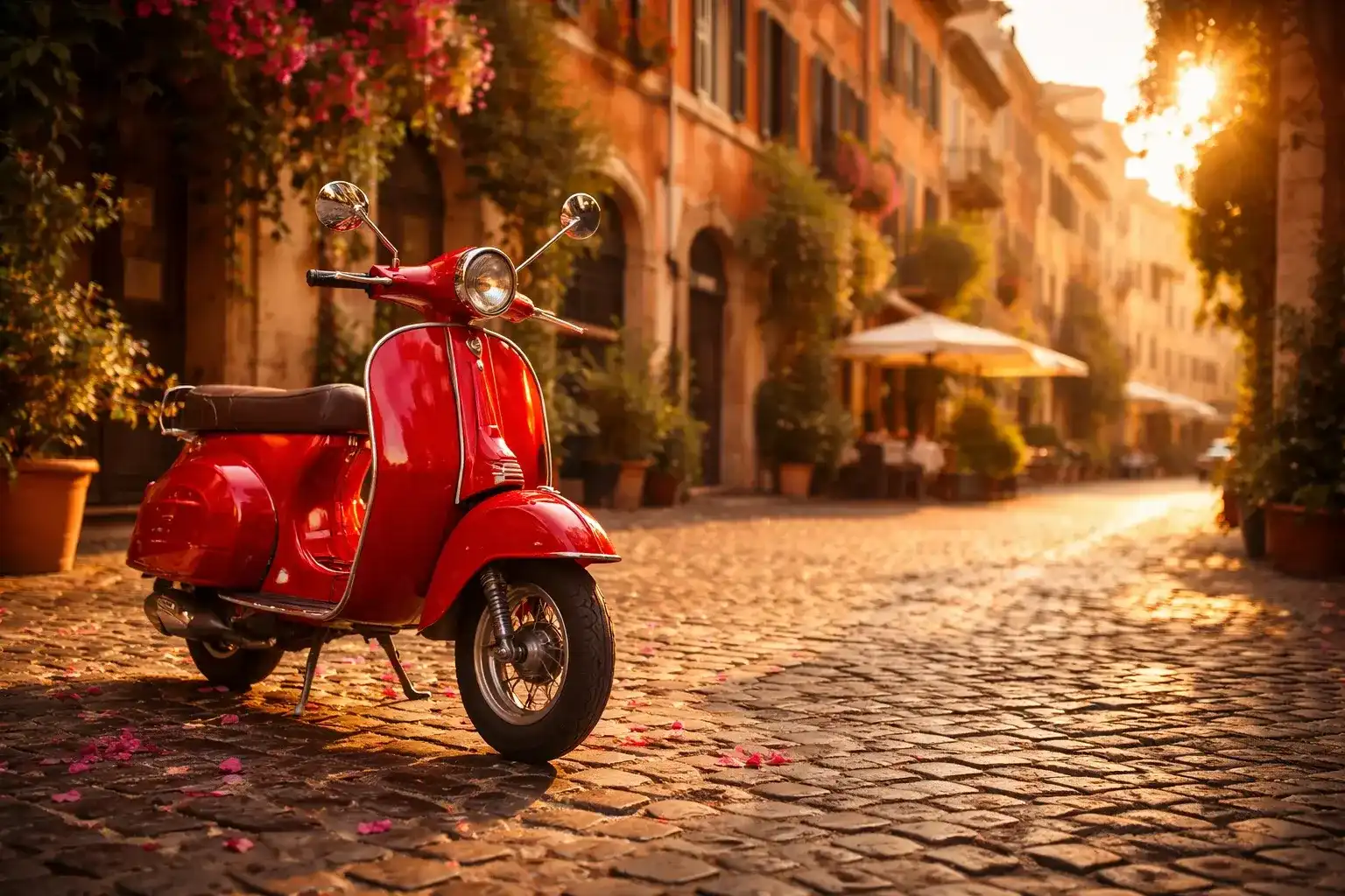 Scène de rue à Rome éditée par ChatGPT Image avec une Vespa vintage