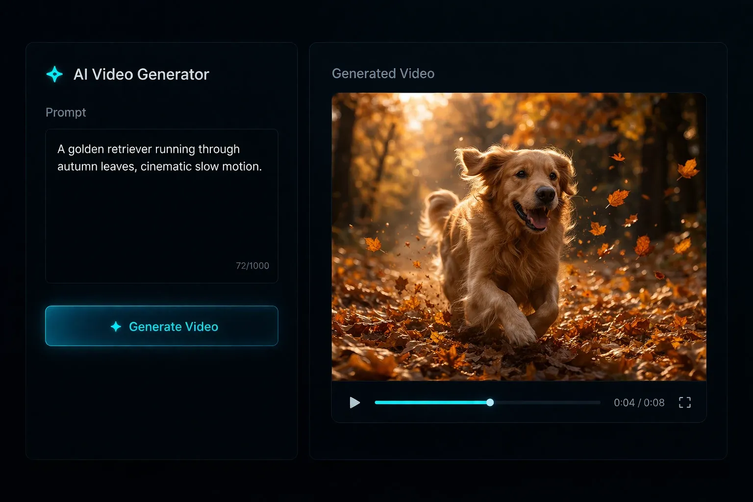 AI text to video generator interface showing a text prompt and generated cinematic video of a golden retriever running through autumn leaves