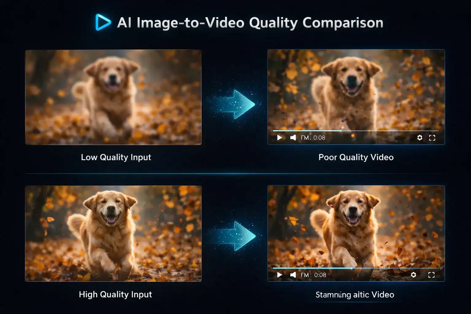 AI image-to-video quality comparison showing low quality input producing poor video versus high quality input producing stunning video output