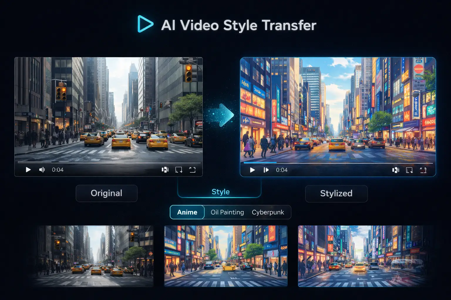 AI video style transfer showing original city street footage transformed into anime and cyberpunk visual styles