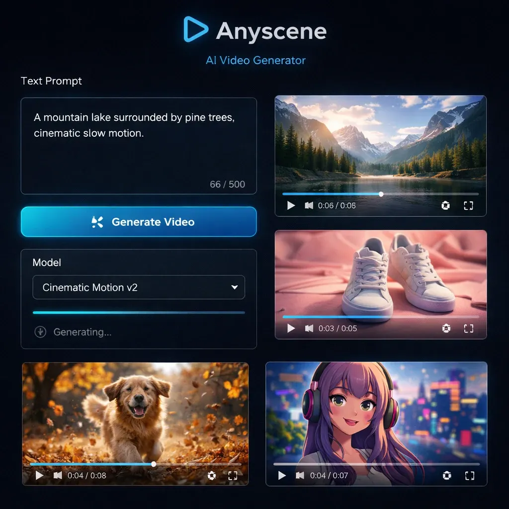 Anyscene AI video generator dashboard with text prompt input, model selector, and generated video thumbnails showing nature, product, and anime content