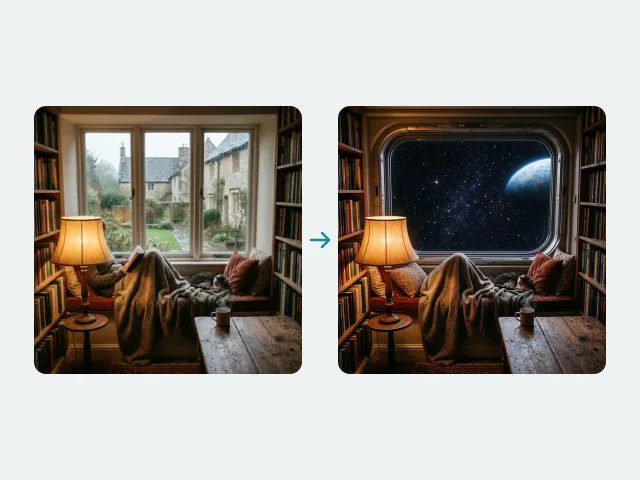 Una foto de un rincón de lectura y la misma habitación con una ventana de nave espacial