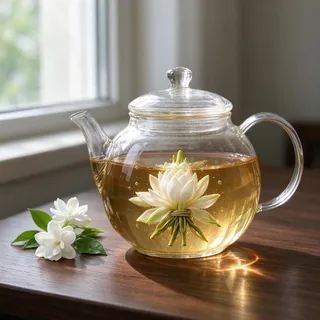 La referencia: una tetera de cristal con té de jazmín sobre una mesa de madera
