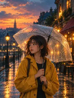 La referencia: una mujer caminando bajo la lluvia con un paraguas transparente