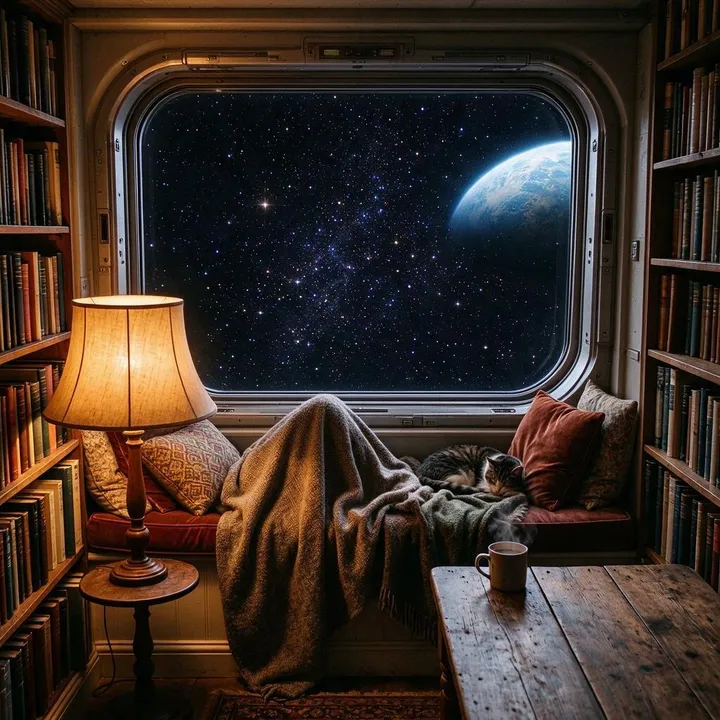El rincón de lectura con un ojo de buey de nave espacial hacia las estrellas y un planeta en lugar de la ventana