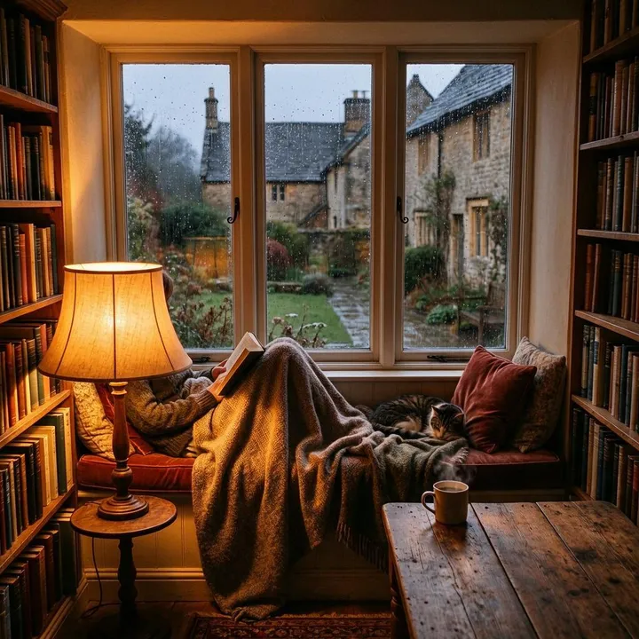 El rincón de lectura con una luz de lámpara más cálida y la misma vista lluviosa