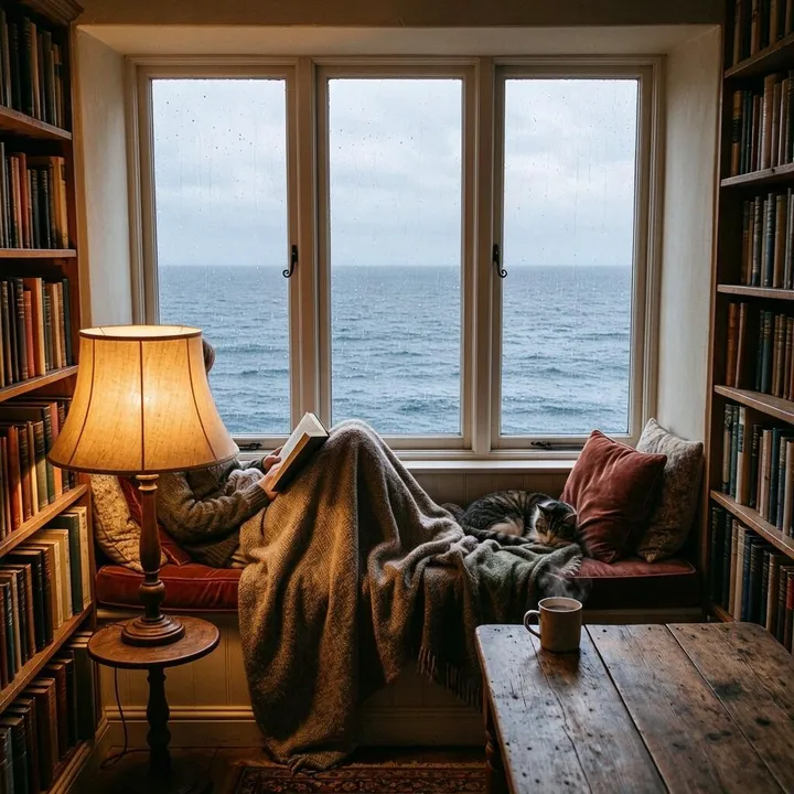 El rincón de lectura sin cambios salvo el mar al otro lado de la ventana