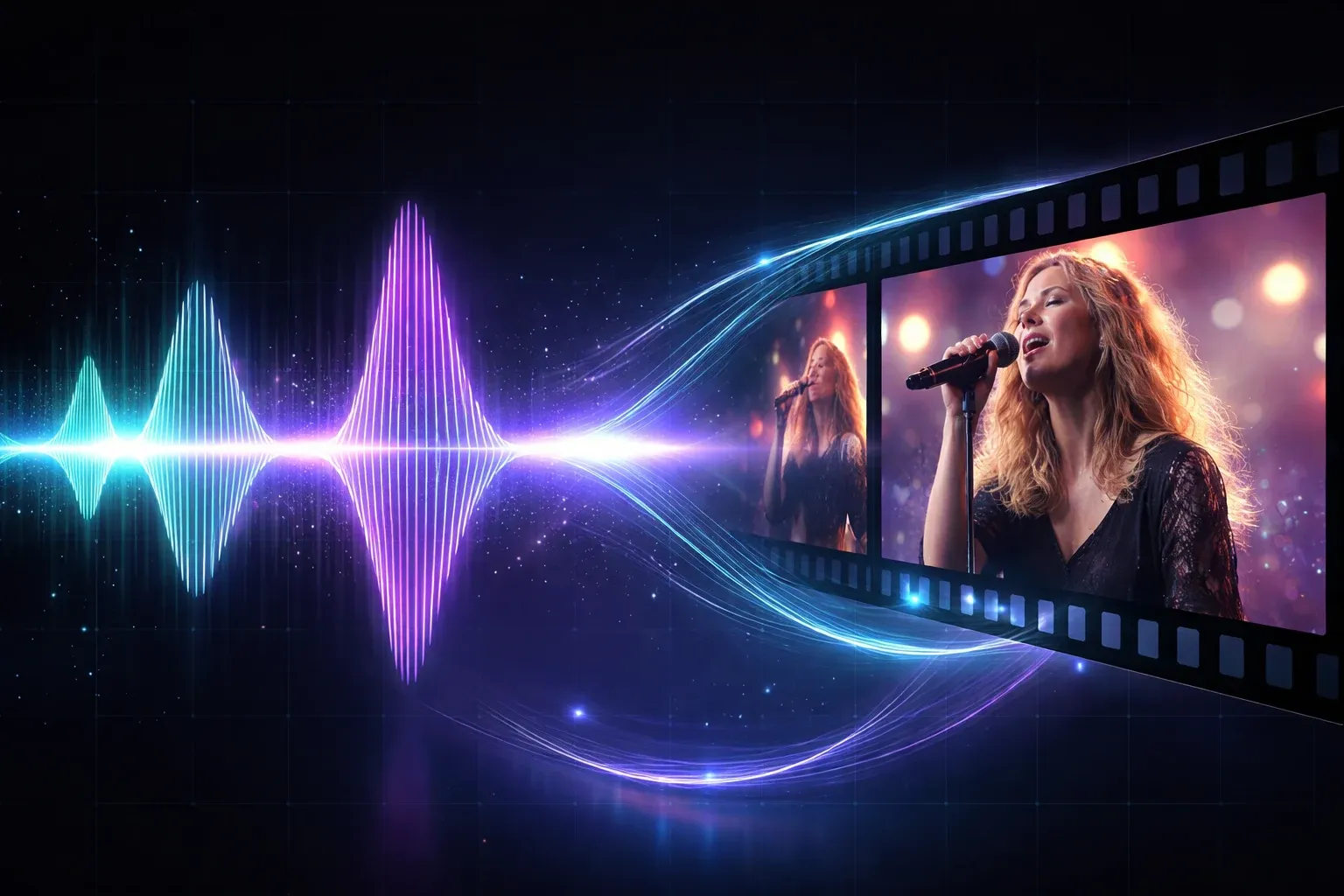 Kling 2.6 native audio-visual synchronization with sound waves flowing into AI-generated video frames of a singer