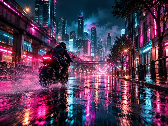 A motorcycle rider on a rain-soaked neon street at night – Kling 3.0