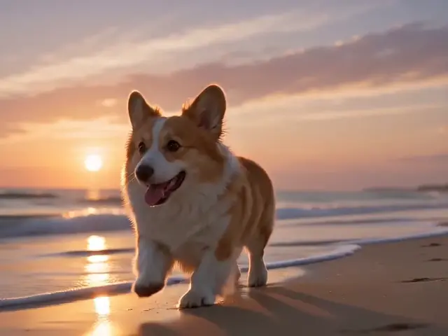 Ein Corgi, der bei Sonnenuntergang am Strand läuft – Seedance 2.0 Mini