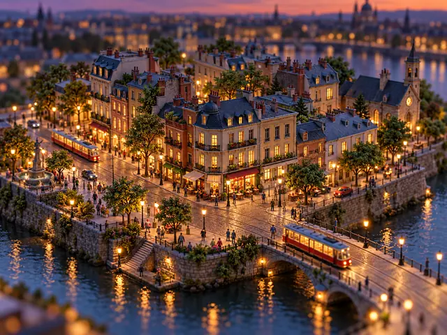 An isometric miniature city by the water at dusk, with trams and lit windows – Seedream 5 Lite