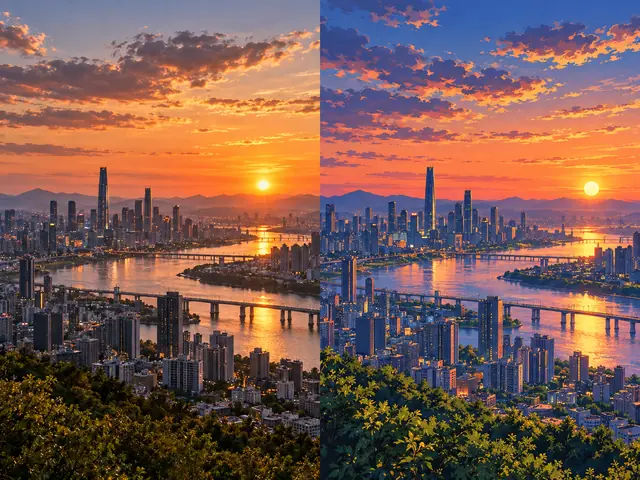 The same city skyline at sunset, half photo and half anime – Wan · HappyHorse V2V