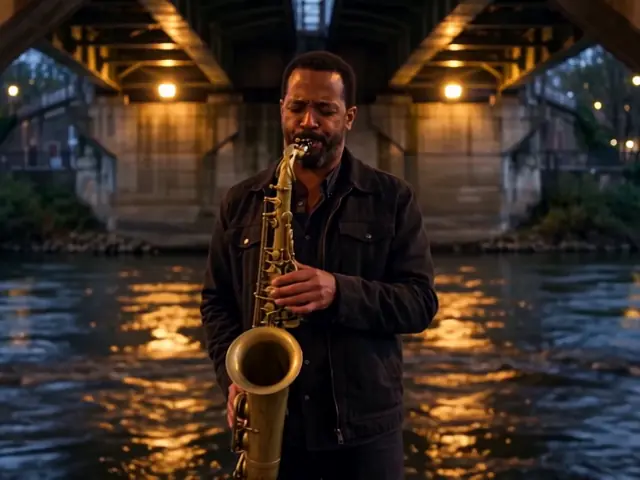 A saxophonist playing under a bridge by the river at night – Wan 3.0