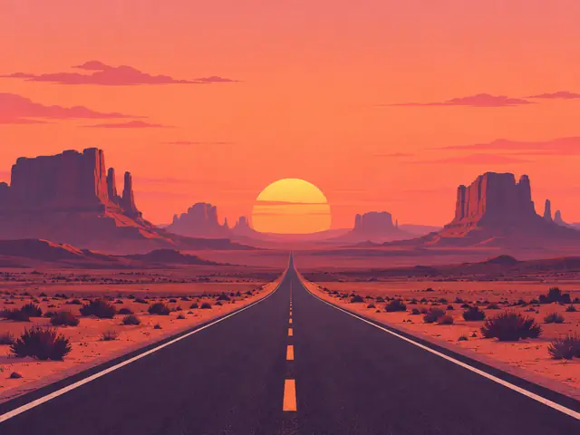 A flat illustration of an empty desert road toward mesas at sunset – Z-Image
