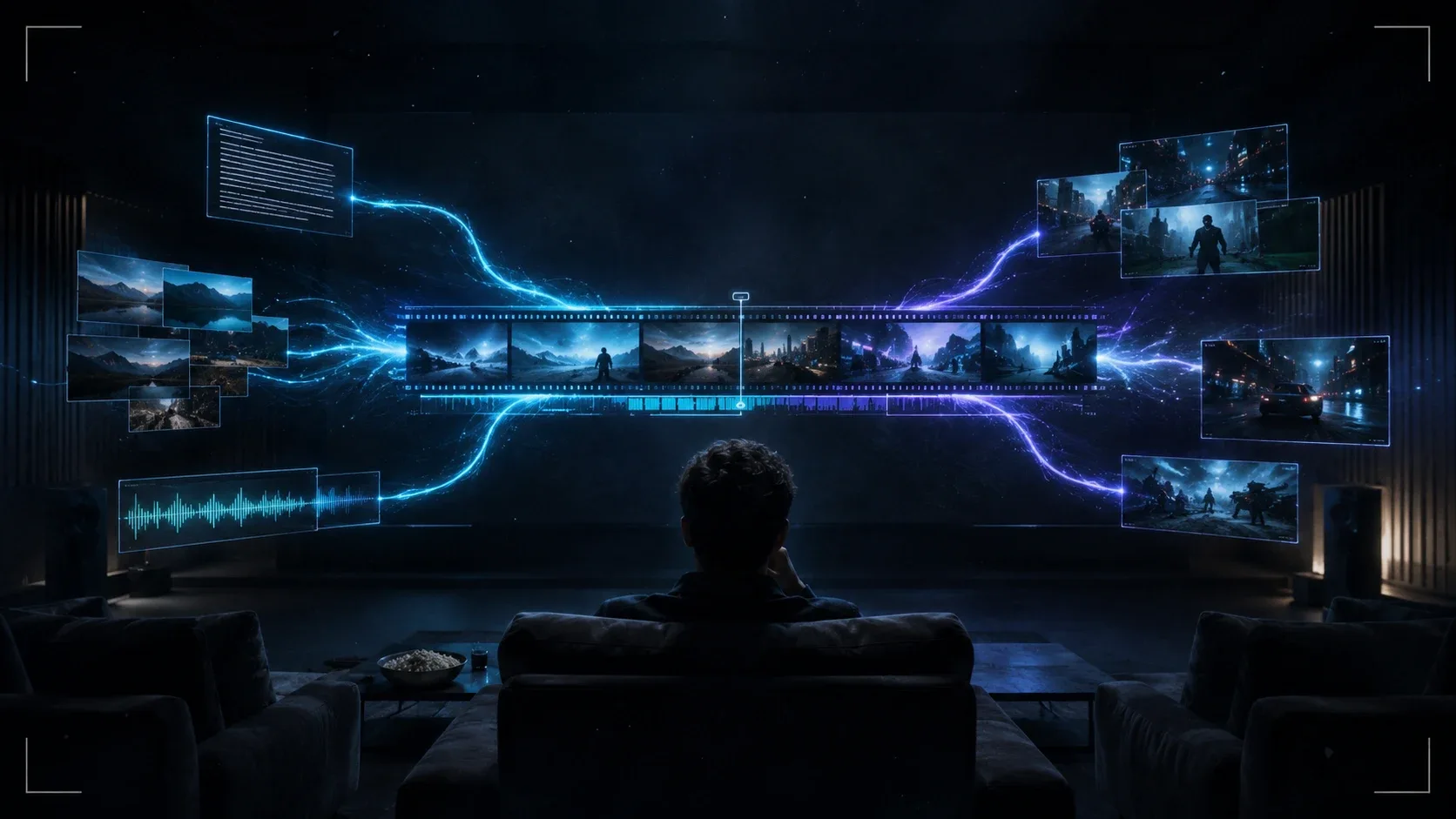 Seedance 2.0 AI video generator merging text, image thumbnails, an audio waveform and video clips into one cinematic film timeline