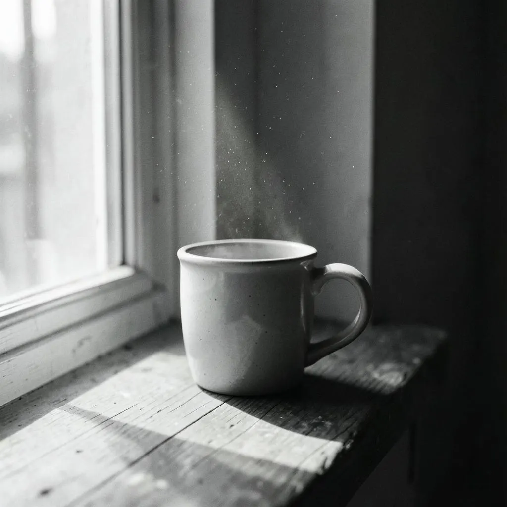 Steaming mug on a sunlit wooden windowsill, in black and white