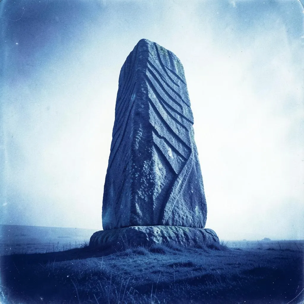Carved stone monolith on a grassy plain, tinted deep blue