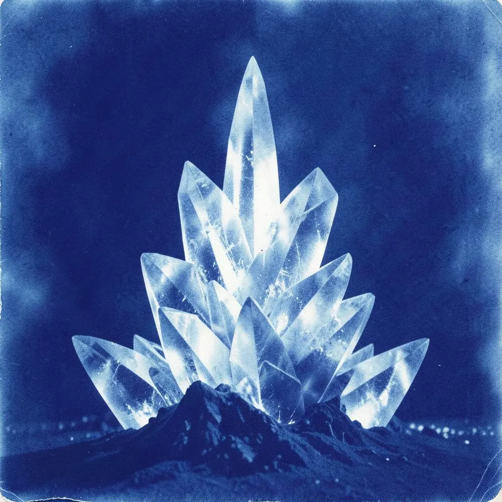 Cluster of glowing ice crystals against a deep blue background