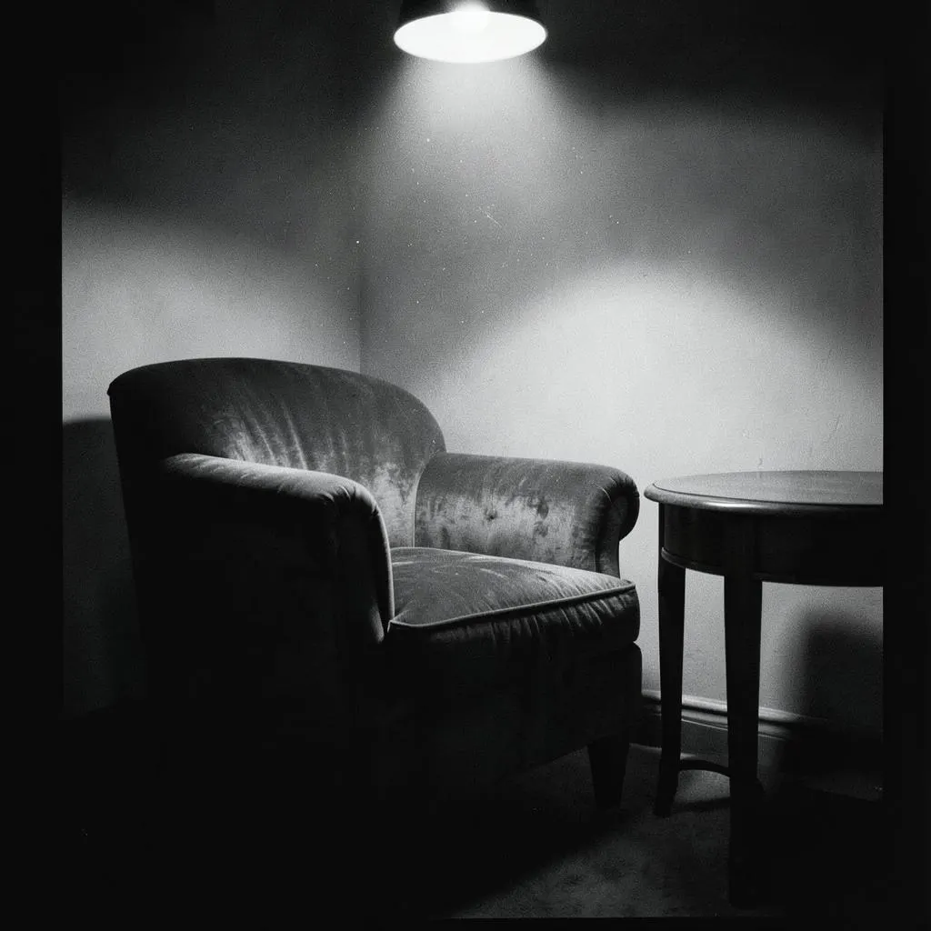 Worn armchair under a single ceiling lamp in a dark room