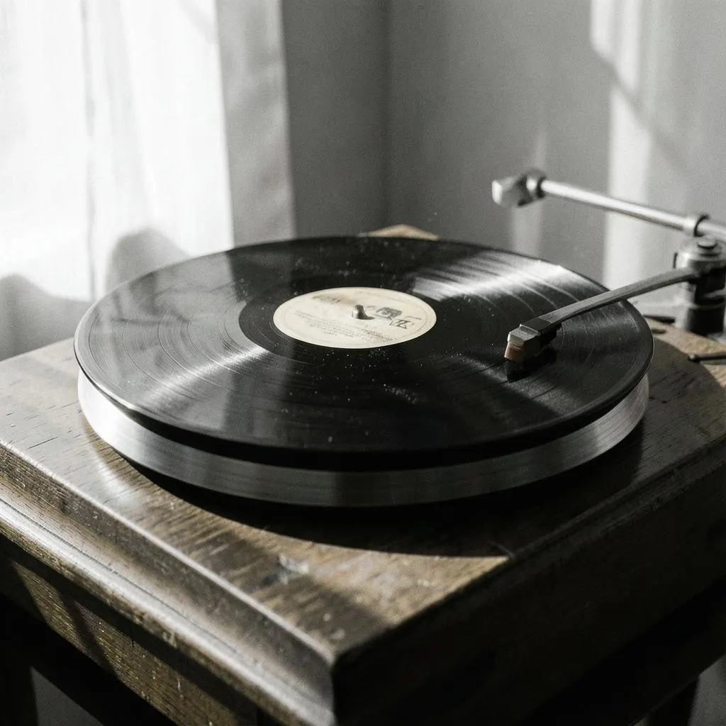 Vinyl record on a wooden turntable in soft window light