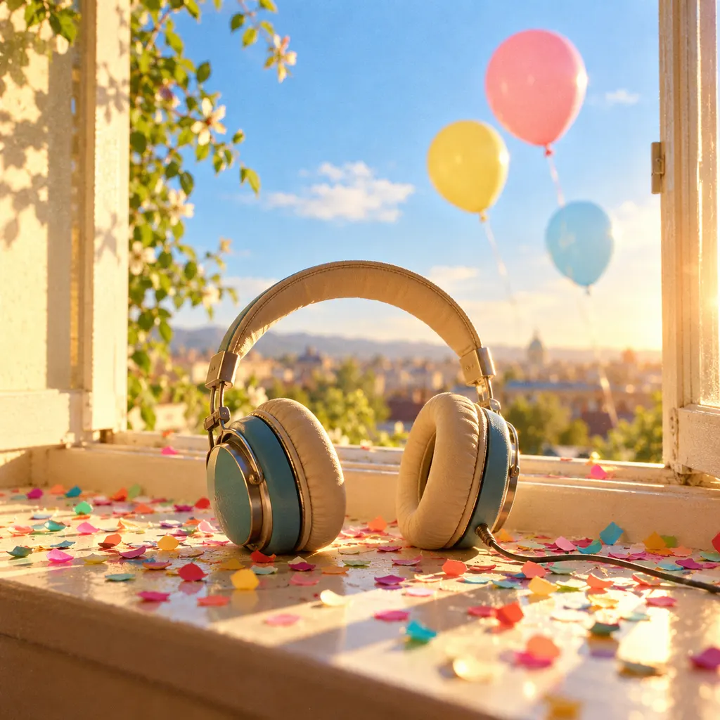 Retro headphones on a sunny windowsill with confetti and pastel balloons