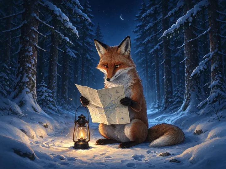 Pintura digital de un zorro rojo que lee un mapa a la luz de un farol en un bosque nevado — creada con IA de texto a imagen en Seedream 5.0 Flash