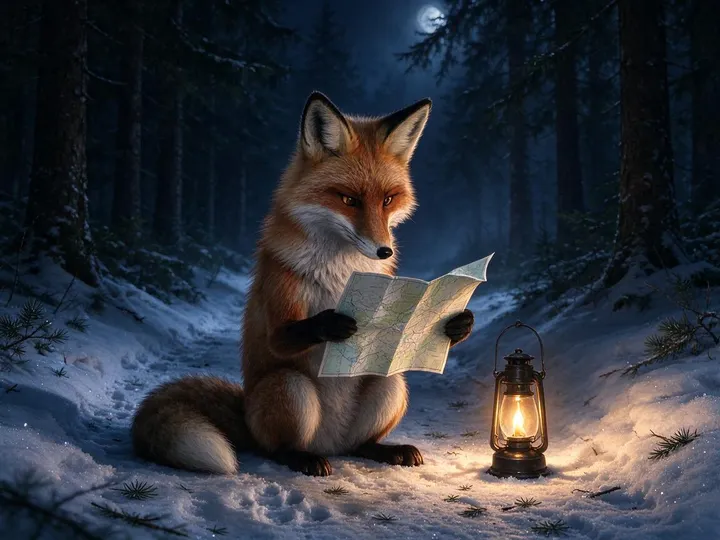 Un zorro rojo fotorrealista lee un mapa de papel junto a un farol en un sendero nevado del bosque, de noche — creada con IA de texto a imagen en Seedream 5.0 Flash