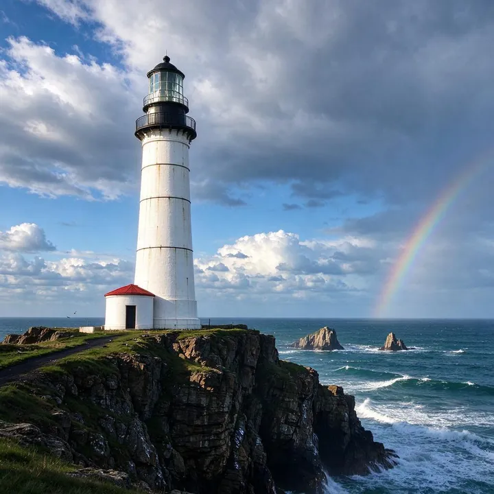 Un faro blanco sobre un acantilado verde bajo un cielo nublado con arcoíris, a partir del prompt "A lighthouse"