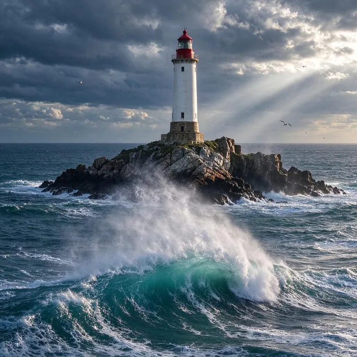 Un faro en una isla rocosa con una gran ola rompiendo delante