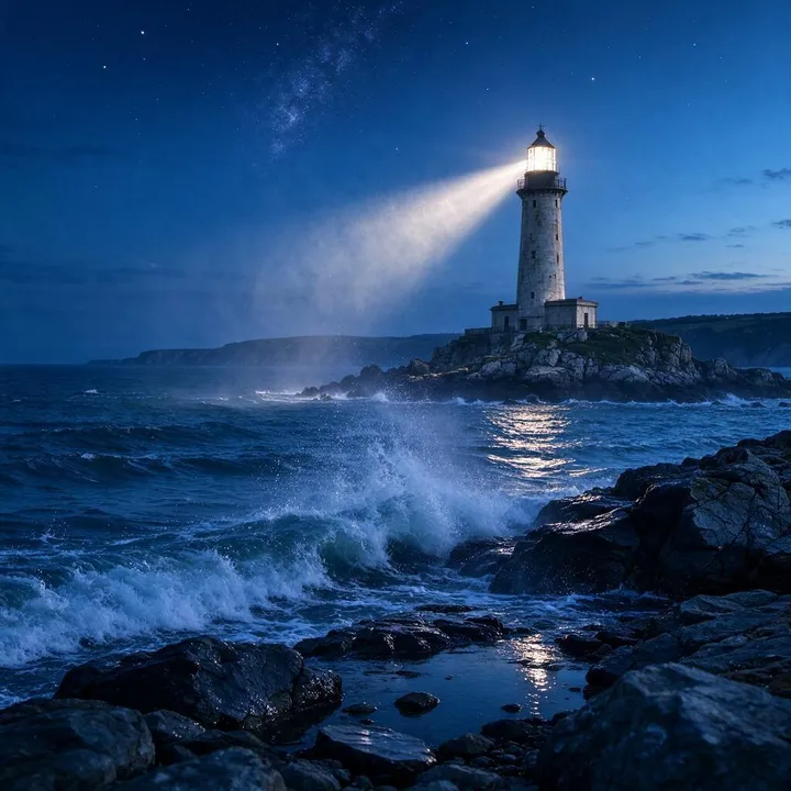 Un faro en la hora azul, con su haz atravesando la niebla sobre una isla rocosa y estrellas en el cielo
