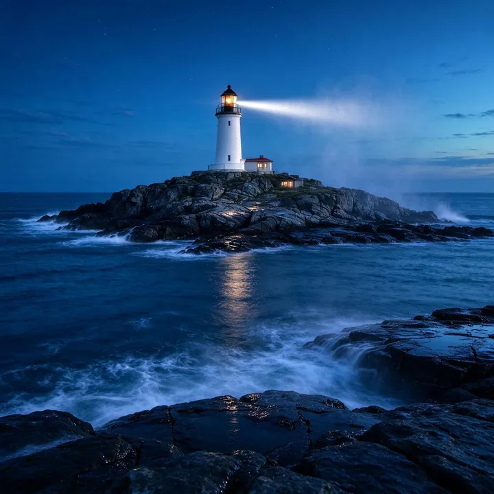 Un faro en una isla rocosa en la hora azul, con el agua suavizada por una larga exposición
