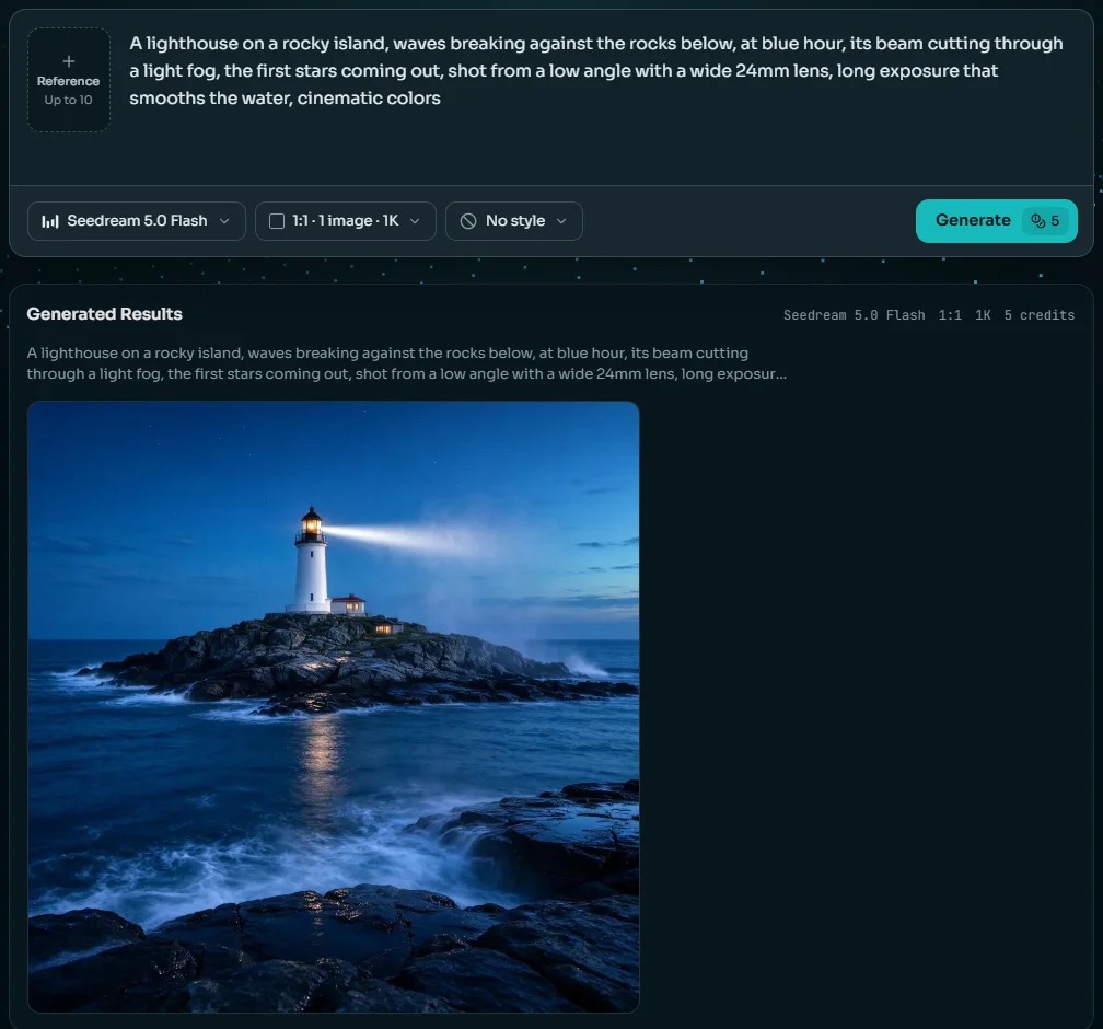 Un resultado de texto a imagen terminado bajo el cuadro de prompt