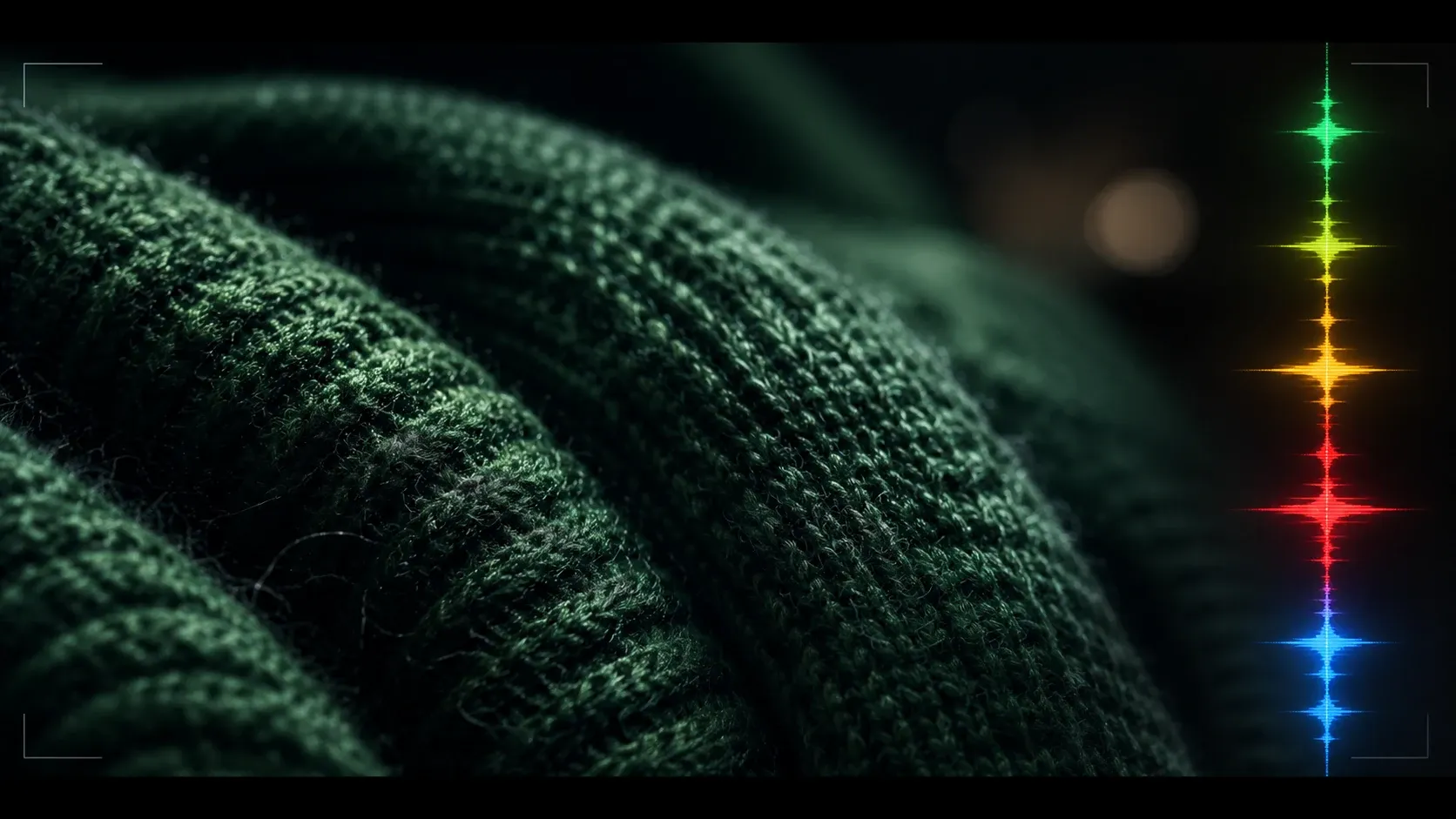 Veo 3.1 4K macro close-up of deep green knit cashmere fabric showing photoreal fiber texture, with a vertical Google-spectrum audio waveform on the right edge representing native synchronized sound generation