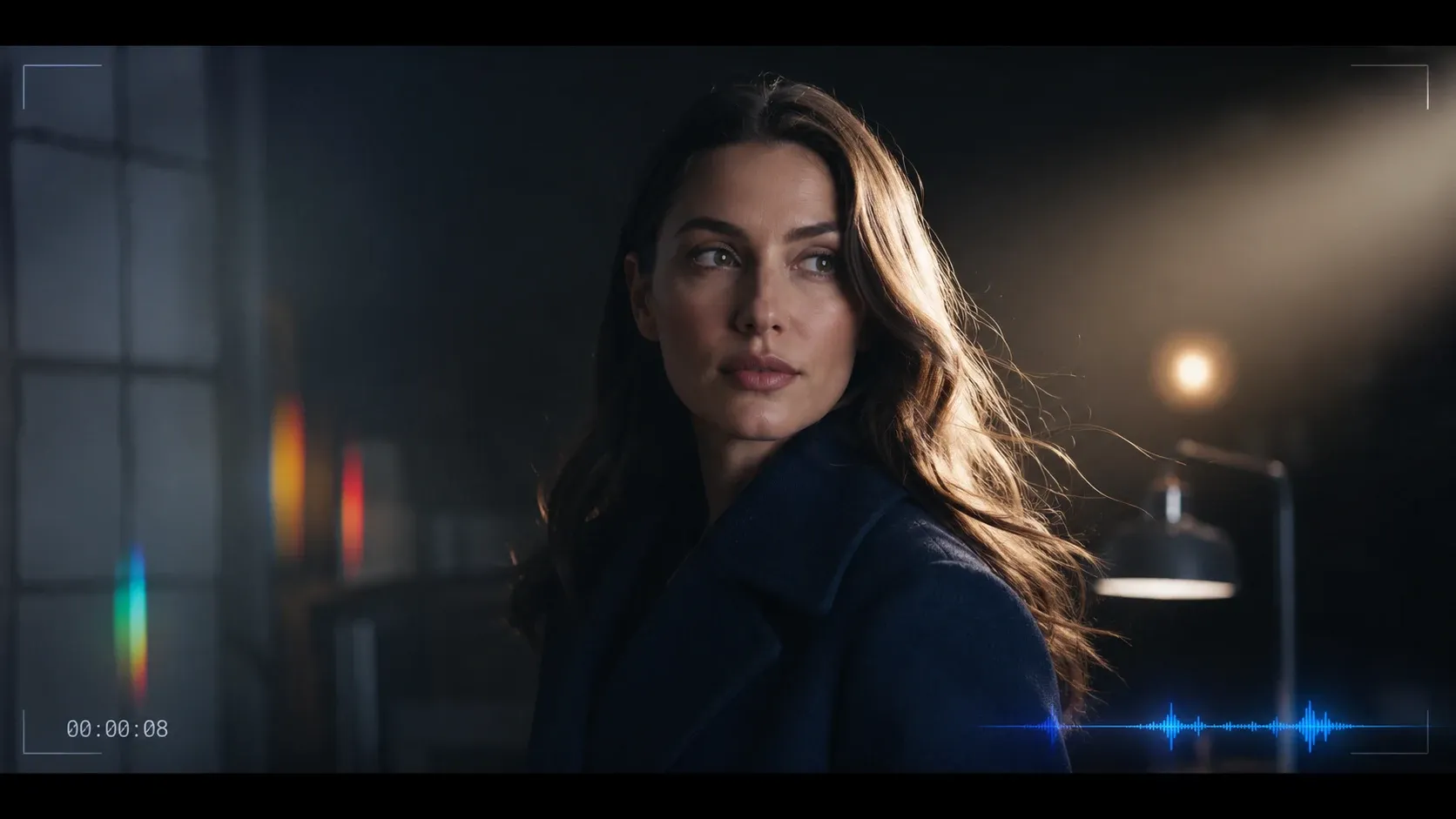 Veo 3.1 AI video generator output — a 4K cinematic portrait of a woman in a navy coat under dramatic rim lighting, with a Google-spectrum color strip on the left and a synchronized native audio waveform along the bottom-right, framed in anamorphic letterbox with an 00:00:08 timecode